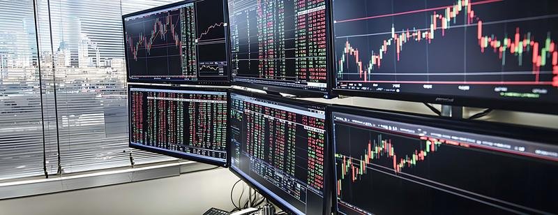 Varios monitores mostrando gráficos de velas y datos del mercado bursátil en una oficina